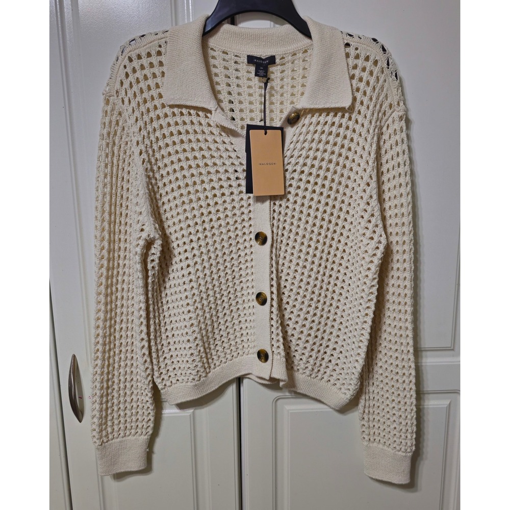 Halogen Womens Cream Open Knit Mesh Cardigan Sweater Polo Collar Size M NWT - Picture 2 of 8